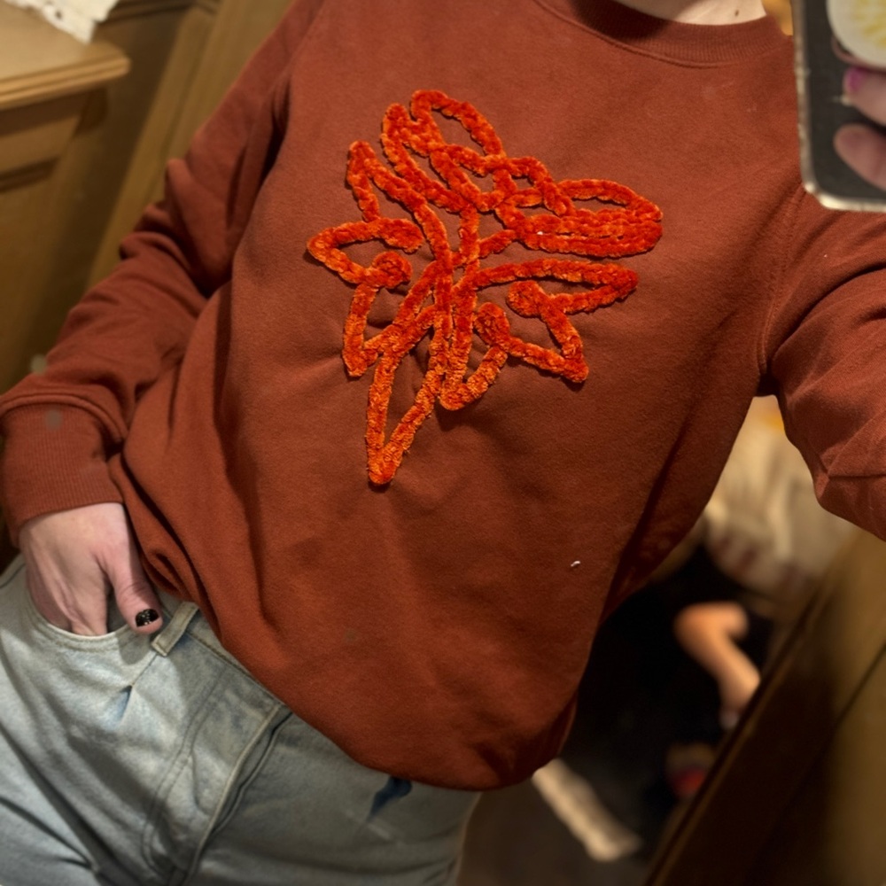 Women's Rust Sweater with Orange Buckstitch Embroidery